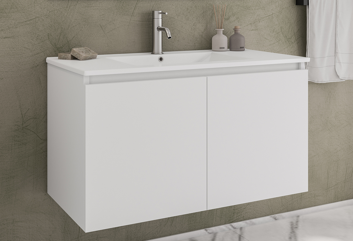 Απεικονίζεται ο πάγκος και ο νιπτήρας του επίπλου μπάνιου